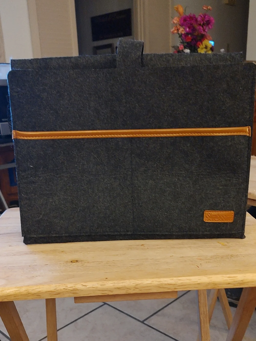 Men's Dark Gray Felt Laptop Bag with Tan Trim